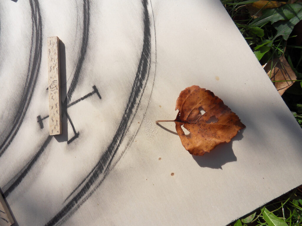 Legnetto Ogham accanto a una foglia raccolta nel bosco.